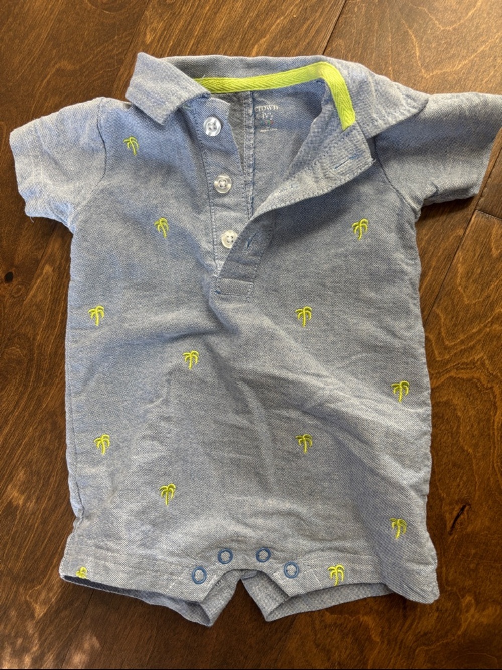 crown & ivy Blue Polo Romper with Lime Palm Embroidery